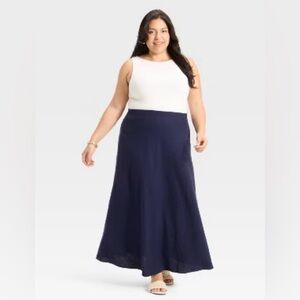 A New Day Navy Blue Linen Blend Maxi Skirt Elastic Waist XS NWOT
